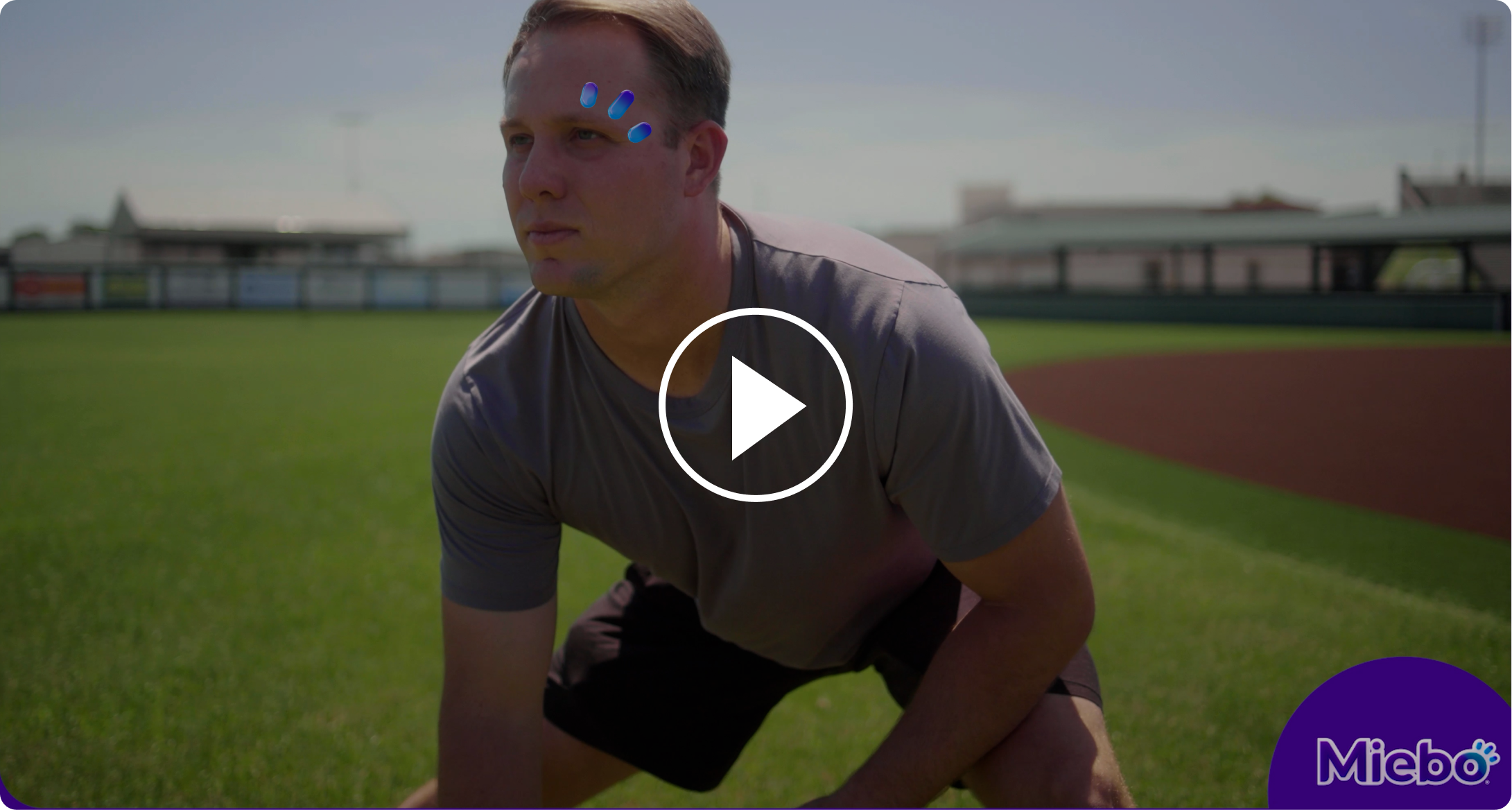 Video thumbnail with Miebo user Zach on a baseball field with three drops above his eye