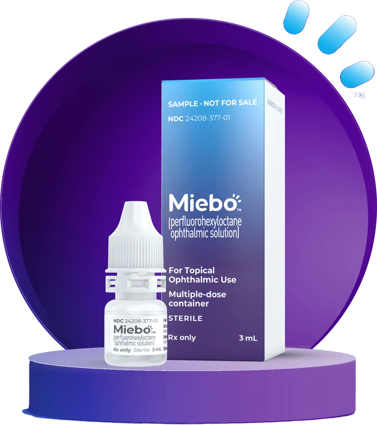 Miebo eyedrop bottle next to a box with the Miebo logo