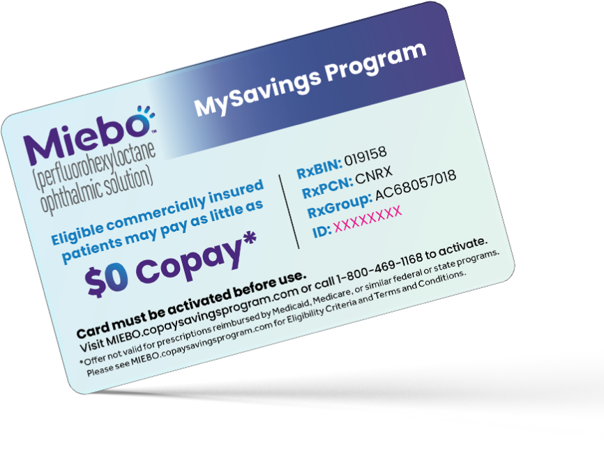 Miebo MySavings Program card with $0 copay written on it