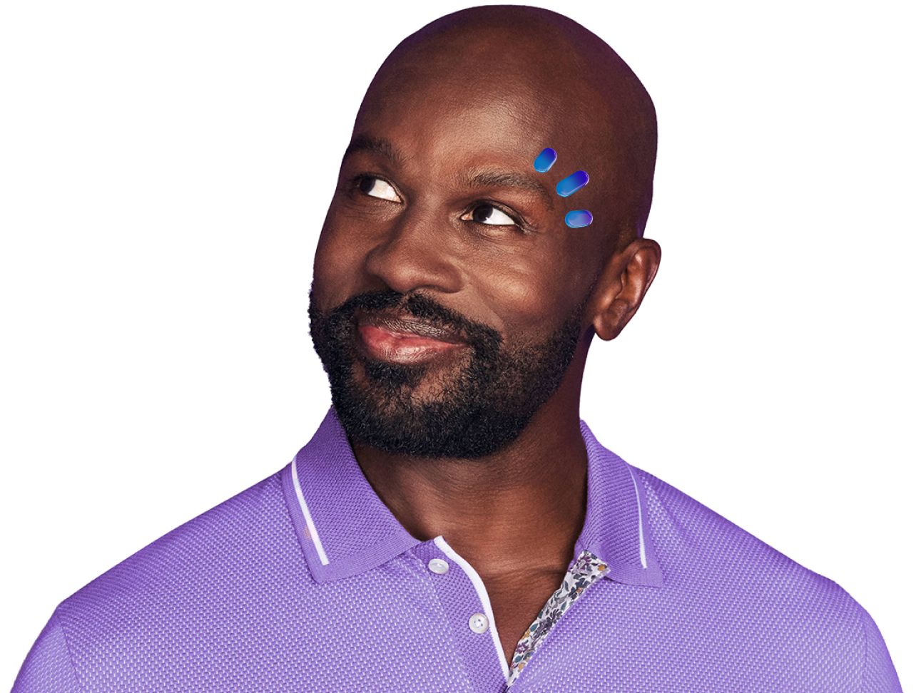 A man in a purple shirt smiling with three drops above his eye